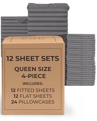 CGK Unlimited Bulk Case Pack of 12 Queen Size 4 Piece Sheet Sets, Deep Pocket - Dark Grey
