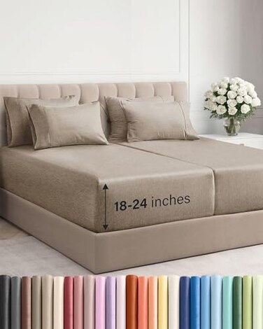 CGK Unlimited Extra Deep Split King Sheet Set - 7 Piece Cooling Sheets - Heathered Beige