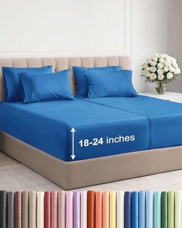 CGK Unlimited Extra Deep Split King Sheet Set - 7 Piece Breathable &amp; Cooling - Royal Blue