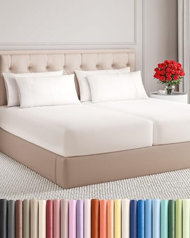 CGK Unlimited Split King 7 Piece Bed Sheet Set - Breathable &amp; Cooling - Antique White