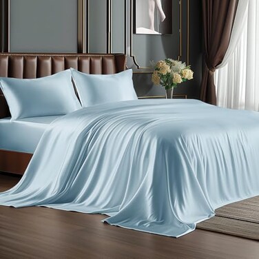 Bedelite Satin Sheets King Size Bed Set, Light Blue, 4 Pieces