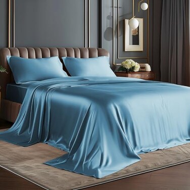 Bedelite Satin Sheets Queen Size Bed Set, Airy Blue, 4 Pieces