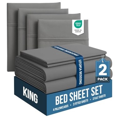 Utopia Bedding Pack of 2 King Sheets Set, 4 Pieces 16" Deep Pocket Bed Sheets, Grey