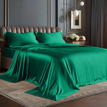 Bedelite Satin Sheets King Size Bed Set, Dark Green, 4 Pieces