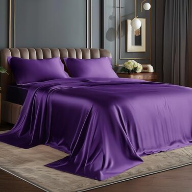 Bedelite Satin Sheets Full Size Bed Set, Plum Purple, 4 Pieces
