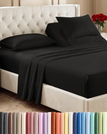 CGK Unlimited Flex Top Split Head King 4 Piece Sheet Set - Ultra-Soft, Breathable - Black
