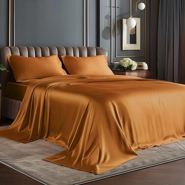 Bedelite Satin Sheets King Size Bed Set, Burnt Orange, 4 Pieces