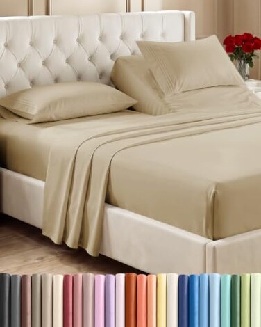 CGK Unlimited Flex Top Split Head King 4 Piece Sheet Set - Ultra-Soft, Breathable - Beige