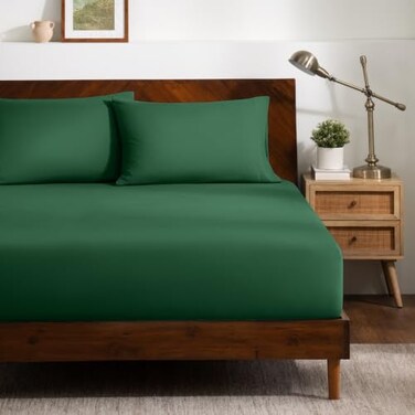 Bare Home Queen Luxury 1800 Ultra-Soft Microfiber Fitted Sheet &amp; 2 Pillowcases - Deep Pockets - Easy Fit - Forest Green