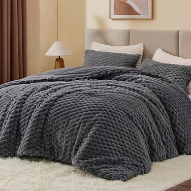 Bedelite Fluffy King Size Comforter Set, Dark Grey Fleece Bed Set 3 Pieces