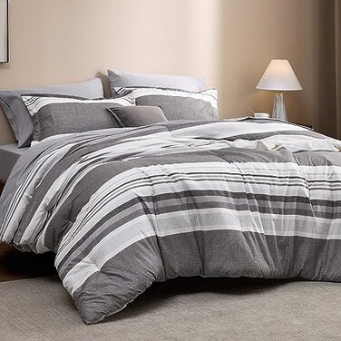 Bedsure Queen Comforter Set 7 Piece, Frost Grey Striped, Reversible