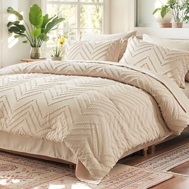 Anluoer Queen Comforter Set 7 Pieces, Beige Bed in a Bag Queen Bedding Sets