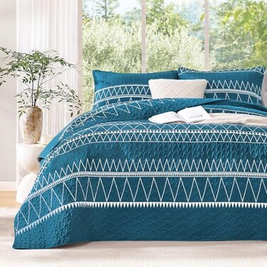 Andency Teal King Size Quilt Set, 3 Pieces Boho Striped Bedspread