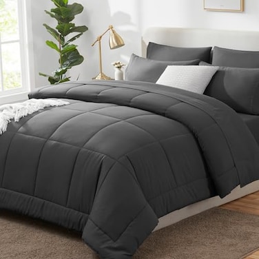 CozyLux Queen Comforter Set Dark Grey - 7 Pieces Bed in a Bag