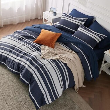 Bedsure Full Comforter Set 7 PC, Blue Striped, Reversible, All-Season