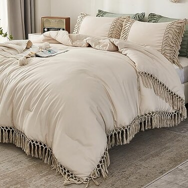 Andency Beige Comforter Set Queen, 3 Pieces Boho Tassel Bedding