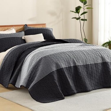 Litanika Queen Size Quilt, 3 Pcs Black and White Stripe Bedding Set