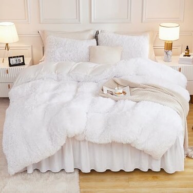 Andency White Queen Comforter Set, Fluffy Faux Fur Warm Bedding Set