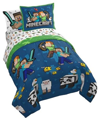 Jay Franco Minecraft Full Comforter Set - 7 Piece Bedding Includes Sheet Set &amp; Pillow Covers - Super Soft Kids Bedding Creeper &amp; Zombie