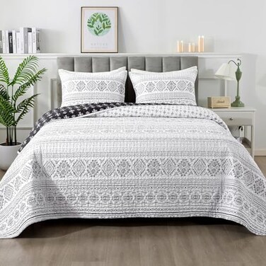 Andency Black White Quilts Queen Size, 3 Pcs Boho Striped Bedspread