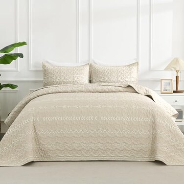 Andency Beige Quilts Queen Size, 3 Pcs Boho Lightweight Striped Bedspread