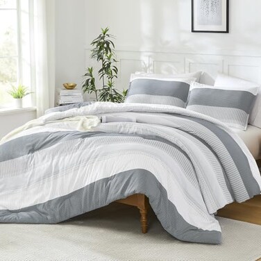 Litanika Light Grey California King Comforter Set - 3 Pieces Stripe Bed Set