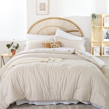 Weigelia Beige Full Comforter Set with Sheets - 7 Pieces Bed in a Bag Full
