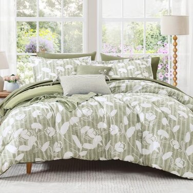 Bloomhaven Queen Comforter SET-7 Pieces Sage Floral Bed in a Bag Queen