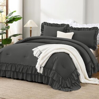 Andency Dark Grey Super King Plus Ruffle Comforter Set, 3 Pieces