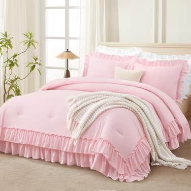 Andency Pink Ruffle California King Comforter Set, 3 Pieces