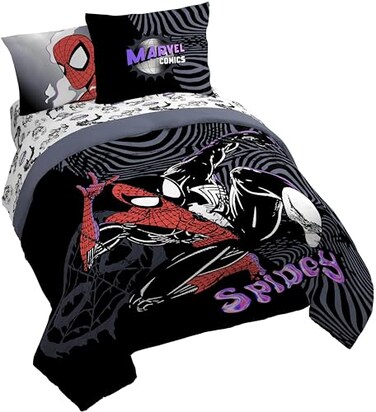 Jay Franco Marvel Comics Spiderman Queen Comforter Set 7 Piece Soft Bedding, Black