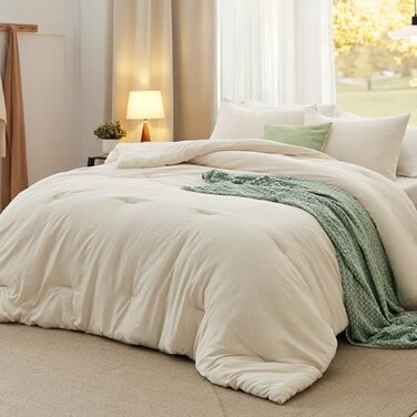 Bedsure California King Comforter Set Prewashed Bedding 3PCS Cream 104"x96