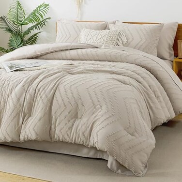 Litanika Full Comforter Set with Sheets Oatmeal, 7 Pieces Boho Bed in a Bag