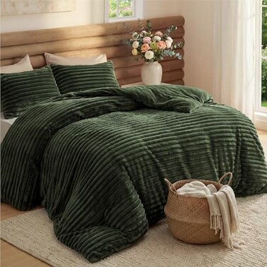 Bedsure Cal King Fluffy Comforter Set, Cozy Fleece Olive Green Bedding