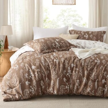 Bedsure Floral Comforter Set Cute Bedding Set King Reversible Dark Brown