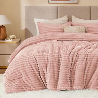 Bedelite Fleece King Comforter Set, Fluffy Bed Set, Dusty Pink