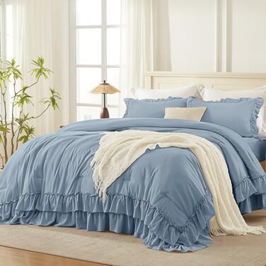 Andency Grayish Blue Ruffle Comforter Set King, 3 Pieces Solid Bedding