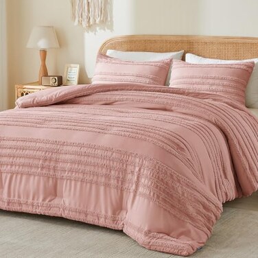 Bedelite Boho Comforter Set Queen - Tufted Boho Bedding Set, Dusty Pink