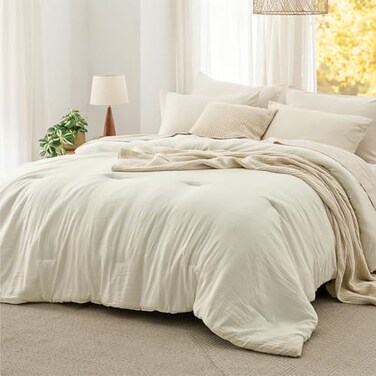 Bedsure Queen Comforter Set Prewashed Soft Bedding Set 3PCS Ivory 90"x90