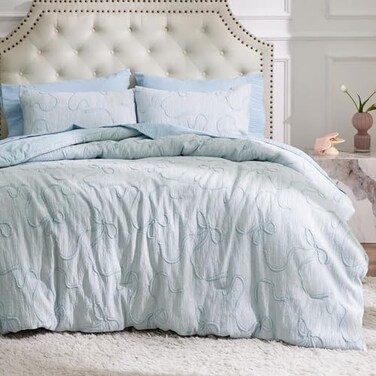 Bedsure Dusty Blue Comforter Set Cute Bow Bedding Set Queen 3 Pieces