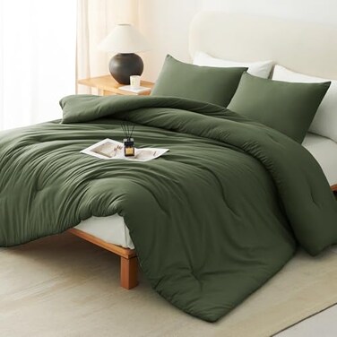 CozyLux Queen Comforter Set, 3 Pieces Down Alternative Bedding, Olive Green