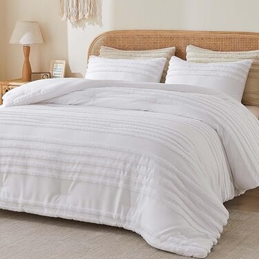 Bedelite Boho Comforter Set Queen - Tufted Boho Bedding Set, White