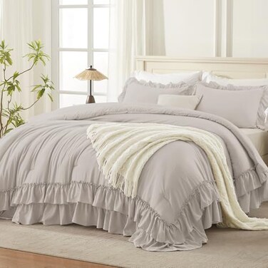 Andency Linen Grey Ruffle Comforter Set King, 3 Pieces Solid Bedding