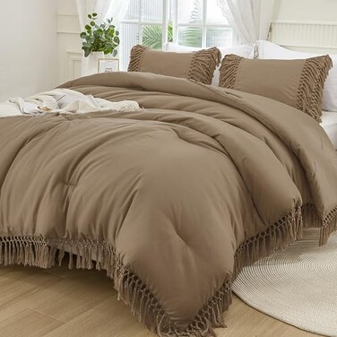 Andency Taupe Comforter Set Full, 3 Pieces Boho Tassel Bedding