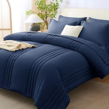 CozyLux Queen Comforter Set Navy Blue - 7 Pieces Bed in a Bag
