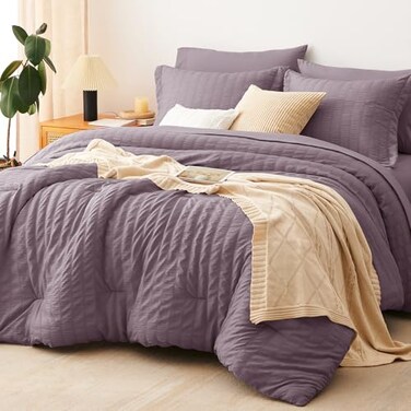 CozyLux Full Comforter Sets, 7 Pieces Dusty Purple Seersucker Bed in a Bag