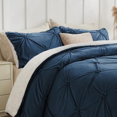 Bedelite Fluffy Sherpa Queen Comforter Set, Pintuck-Navy