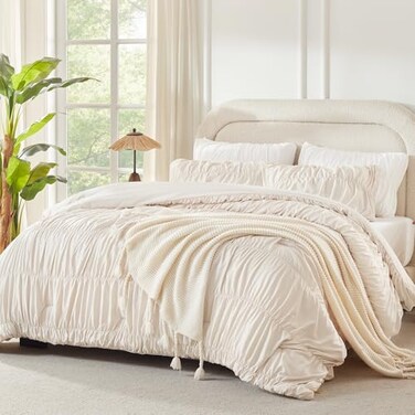 Andency Ruched Beige Full Comforter Set, Boho Ruffle Bedding Set 3 Pieces
