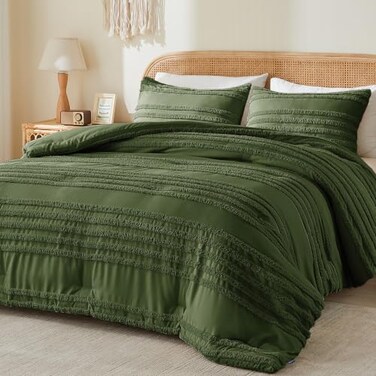 Bedelite Boho Comforter Set Queen - Tufted Boho Bedding Set, Olive Green
