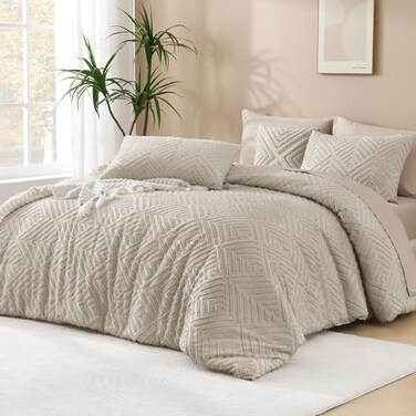 Andency Oatmeal Super King Comforter, 3 Pieces Boho Bedding Set